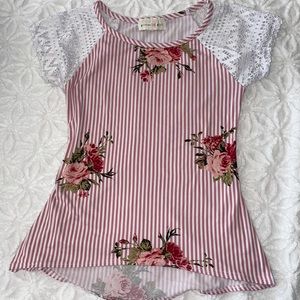 Glitter Girl- hi-low striped floral tee shirt